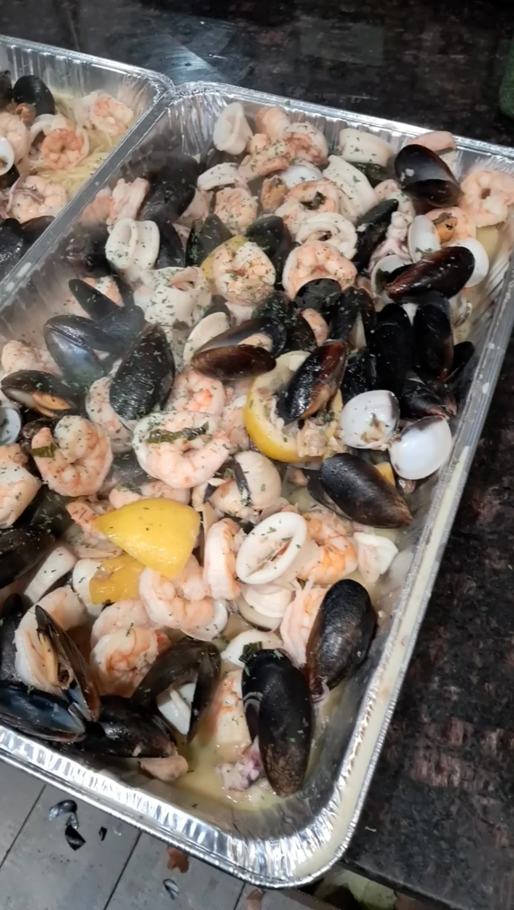 Anthony’s catering tray with shrimp, mussels and clams