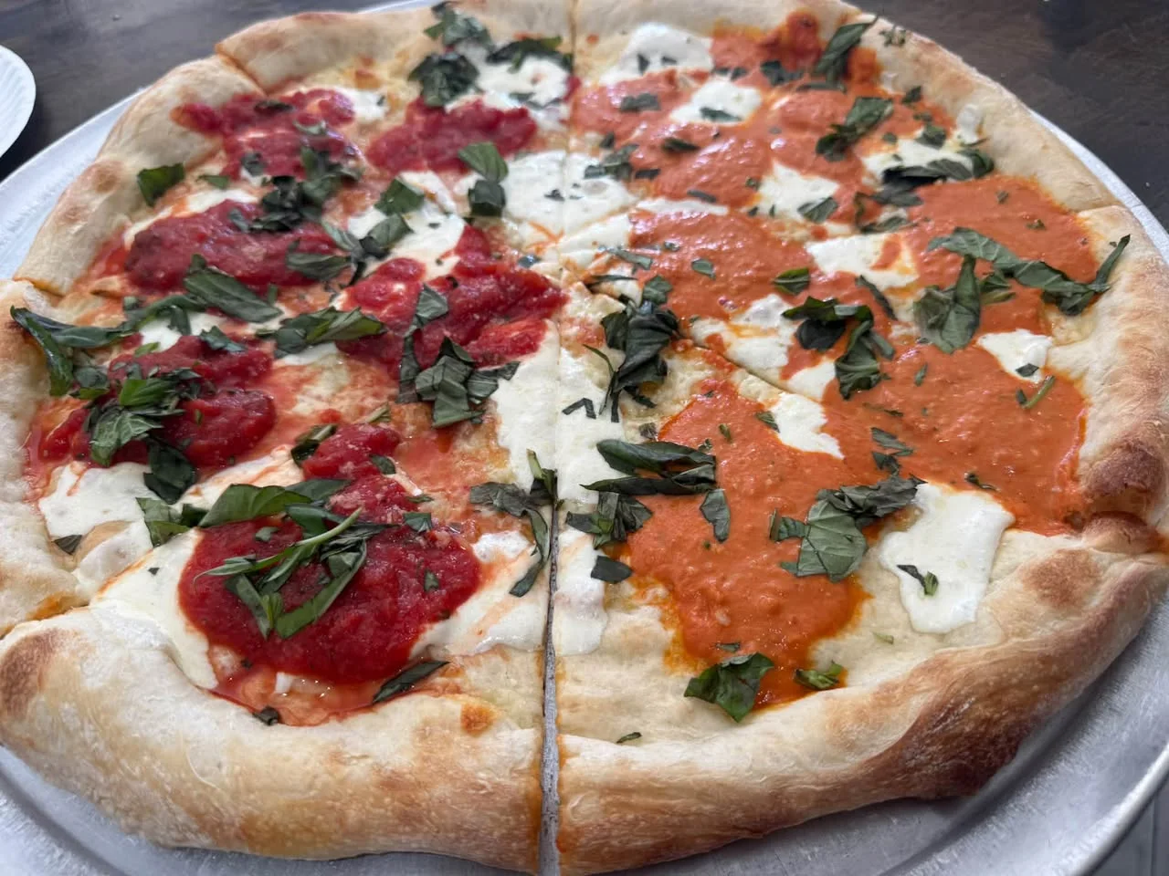 Anthony’s fresh pizza with basil and mozzarella